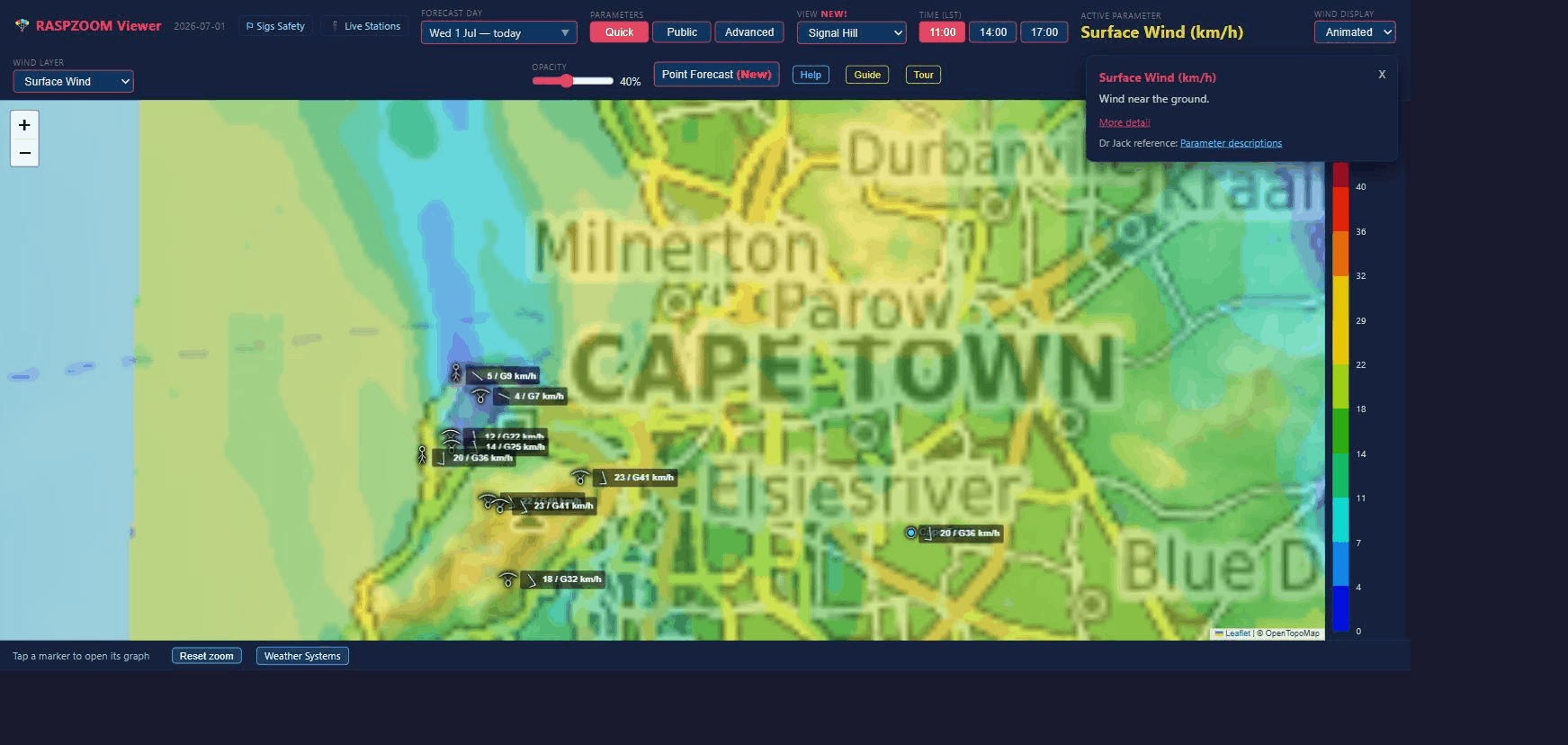 RASPZOOM Viewer preview showing Cape Town paragliding forecast layers